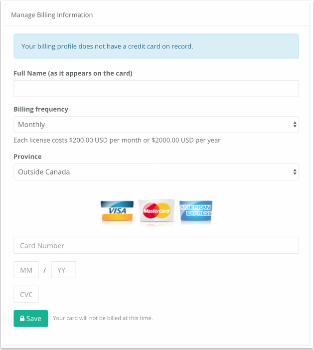 Preview of the manage billing information in SignAgent.