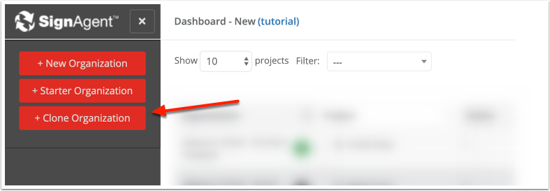 Arrow pointing at clone organization in SignAgent.