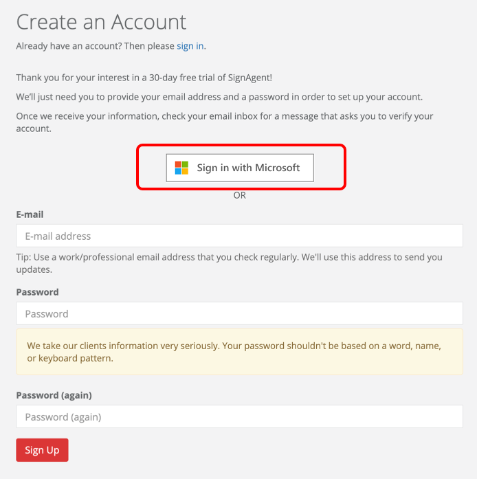 Sign in with Microsoft button circled in red.