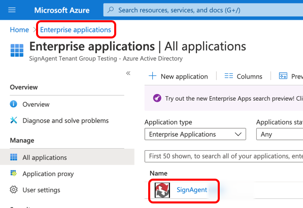 Enterprise applications settings open. SignAgent circled in red in the name field. 