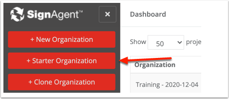 Arrow pointing at the starter organization button in SignAgent.
